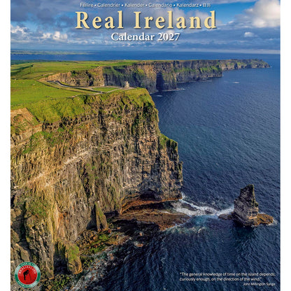 Real Ireland Calendar 2027 cover showing a dramatic cliff coastline with green fields and a swan on the water