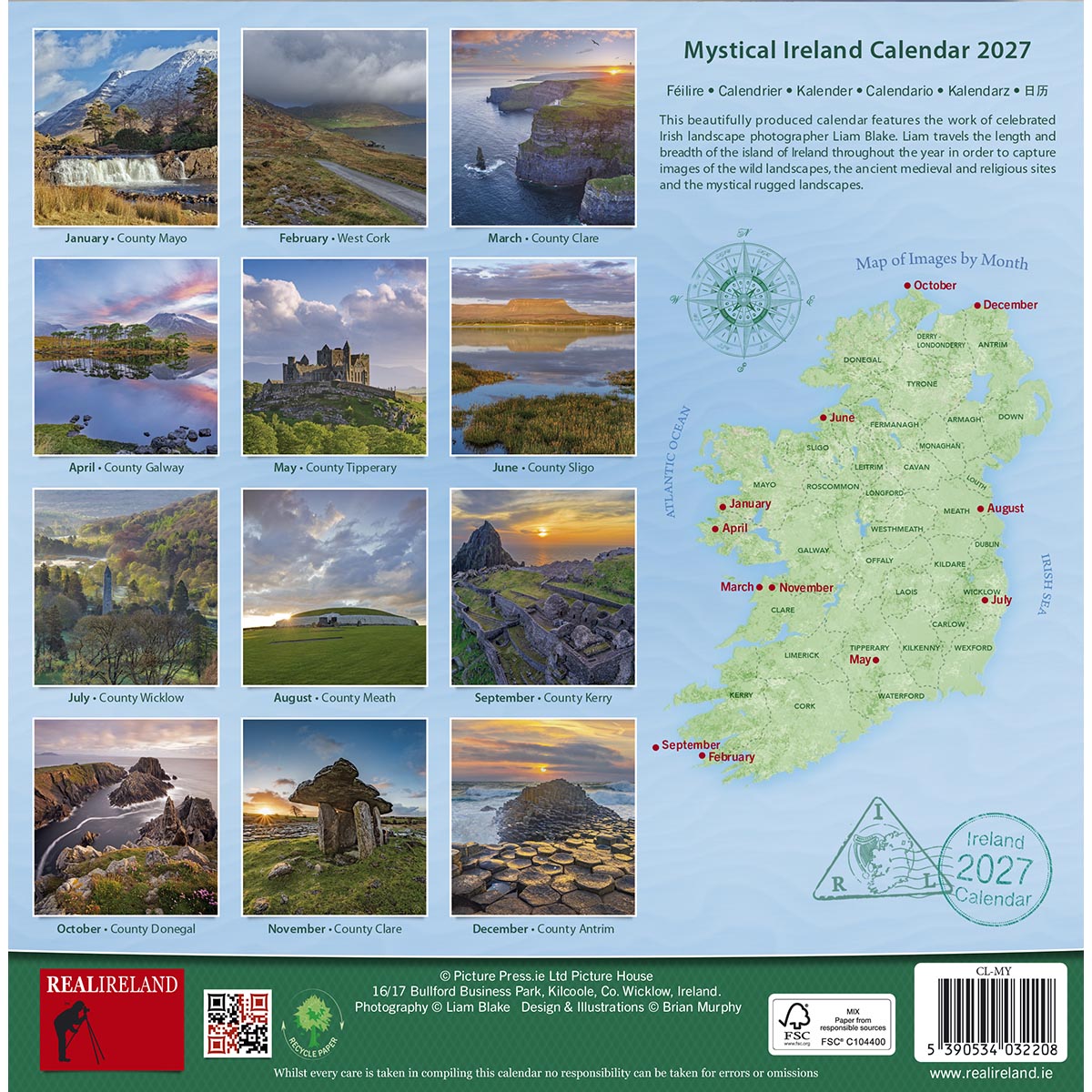Mystical Ireland Calendar 2027 cover showing a grid of Irish landscape photos on the left and a map of Ireland on the right.