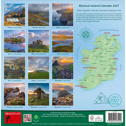 Mystical Ireland Calendar 2027 cover showing a grid of Irish landscape photos on the left and a map of Ireland on the right.