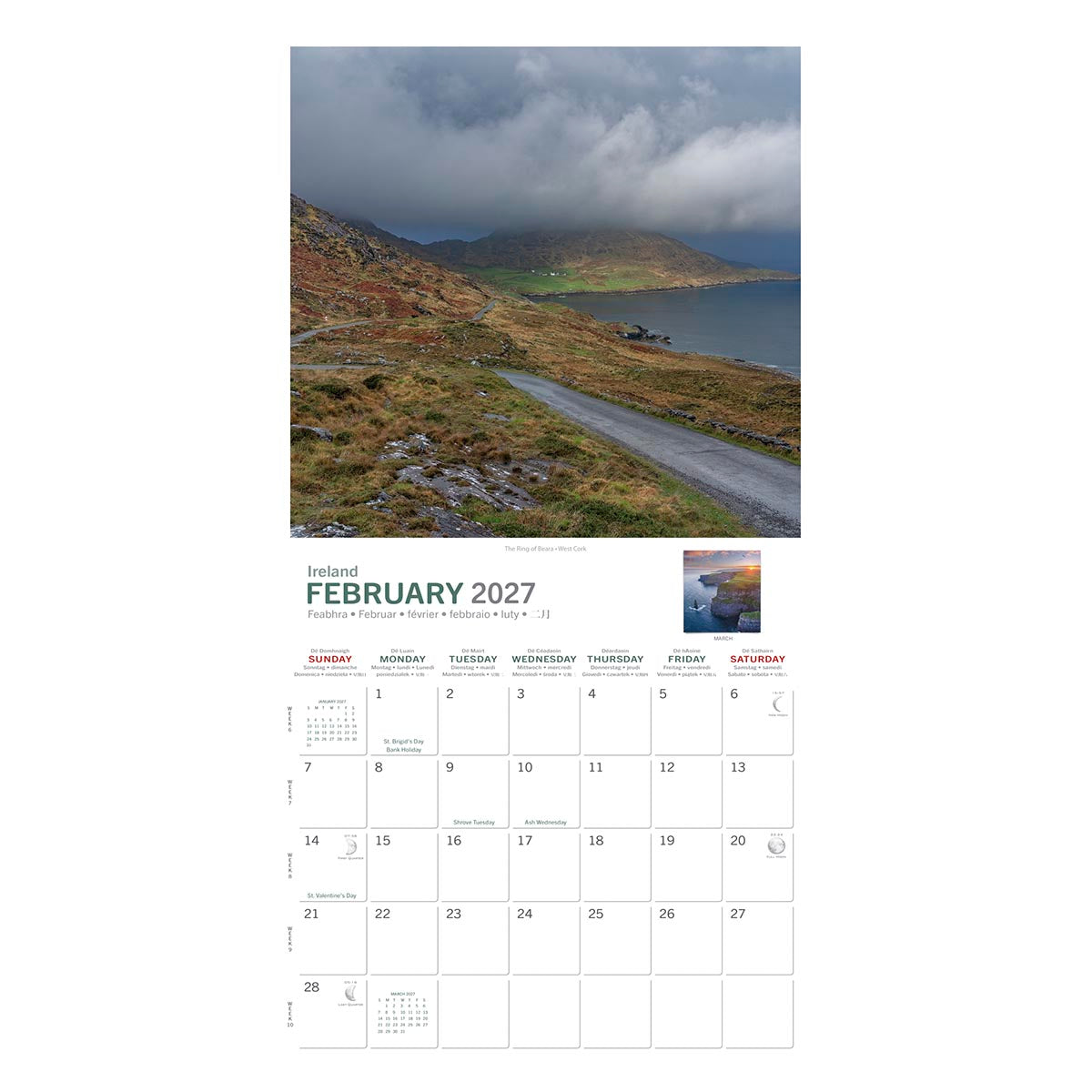 Mystical Ireland A5 calendar 2027 page showing The Ring of Beara West Cork landscape above a monthly calendar grid
