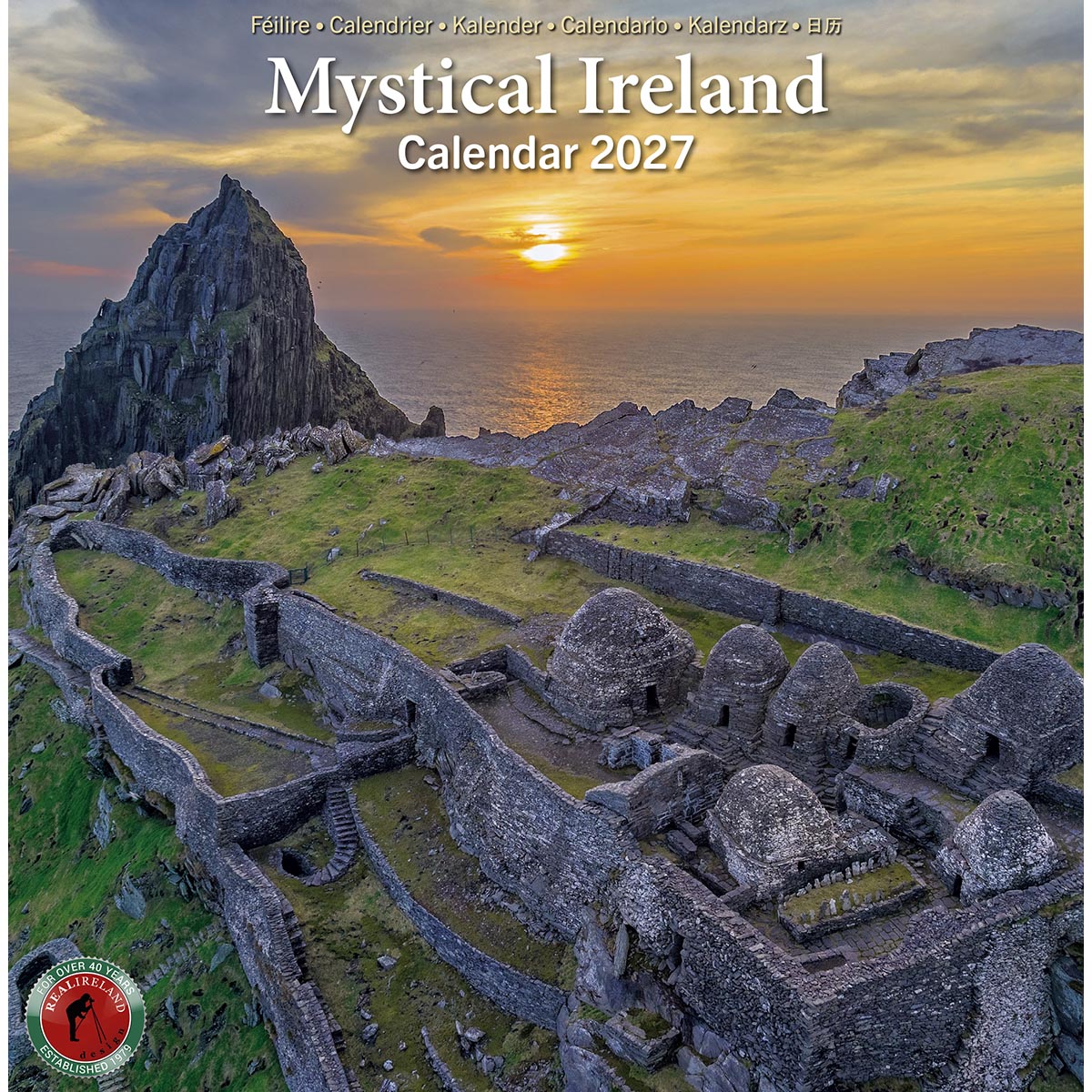 Mystical Ireland A5 calendar 2027 cover with a dramatic coastal sunset over rugged cliffs