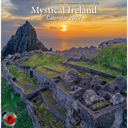 Mystical Ireland A5 calendar 2027 cover with a dramatic coastal sunset over rugged cliffs