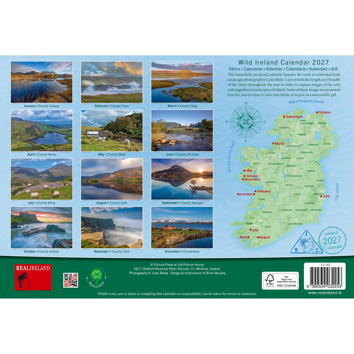 Wild Ireland A4 calendar 2027 cover featuring a collage of landscape photos and an Ireland map on a blue background