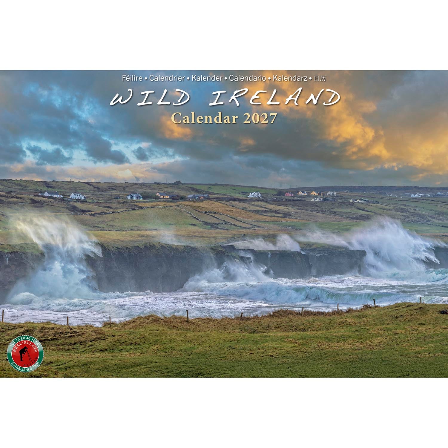 Cover of Wild Ireland Calendar 2027 with a dramatic coastal scene and a round logo in the lower left corner.