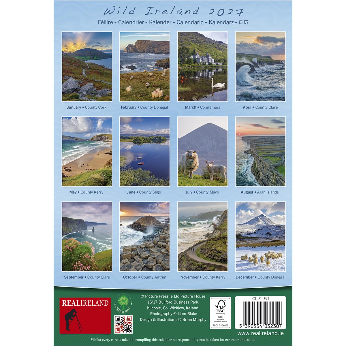 Wild Ireland 2027 scenic calendar cover featuring twelve landscape photos arranged in a grid on a blue background