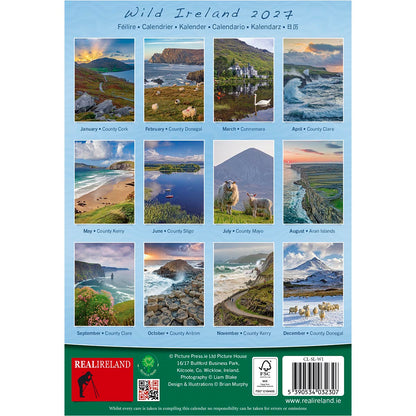 Wild Ireland 2027 scenic calendar cover featuring twelve landscape photos arranged in a grid on a blue background