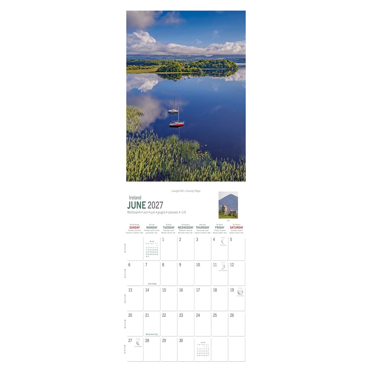 Lough Gill scene from the Wild Ireland calendar with a tall lakeside photograph and a small inset image above the June 2027 calendar grid.