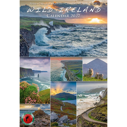 Wild Ireland Scenic Views Slim Calendar 2027 cover featuring a tall coastal landscape at the top and a collage of rural scenes below.