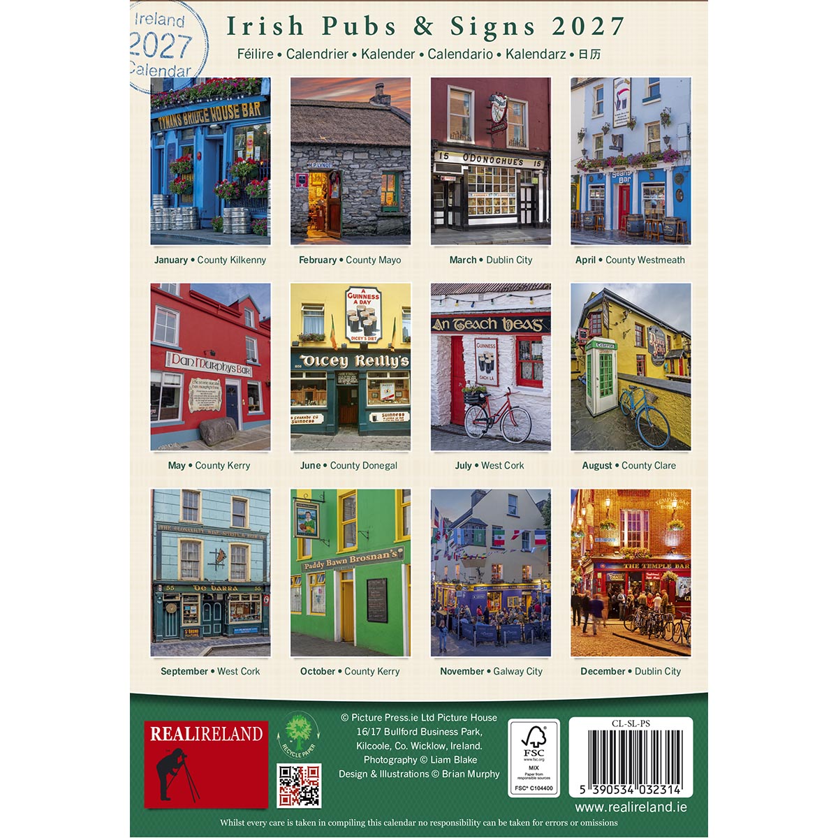 Back cover grid of twelve Irish pubs and signs for the 2027 calendar with month captions