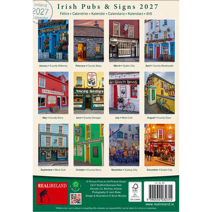 Back cover grid of twelve Irish pubs and signs for the 2027 calendar with month captions
