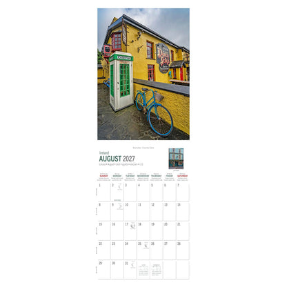 Ireland August 2027 calendar page featuring Bunratty County Clare yellow building with a blue bicycle