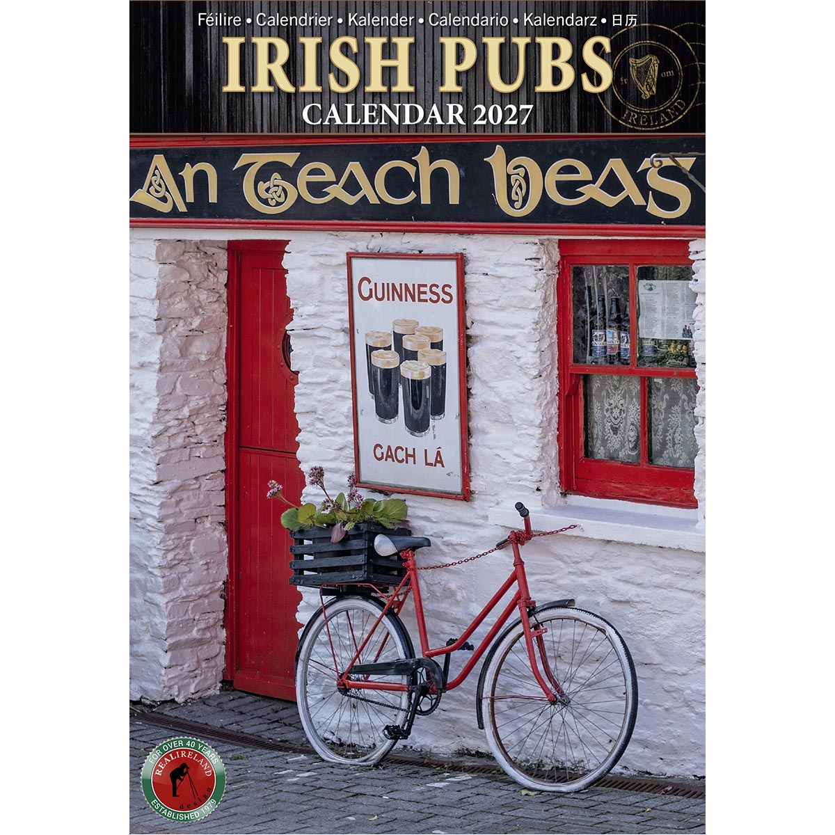 Irish Pubs and Signs Slim Calendar 2027 cover with a yellow pub building, red bicycle, and Guinness sign