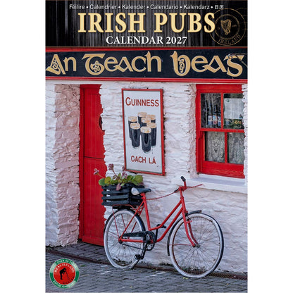 Irish Pubs and Signs Slim Calendar 2027 cover with a yellow pub building, red bicycle, and Guinness sign