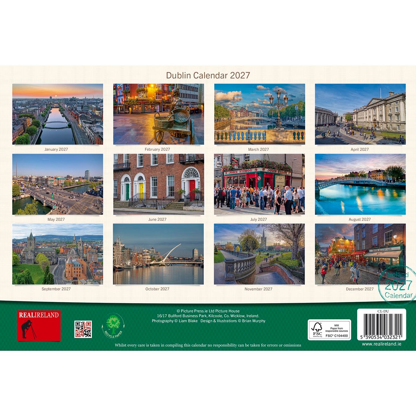 Back of the Dublin Calendar 2027 showing a top photo collage and a grid of monthly dates.
