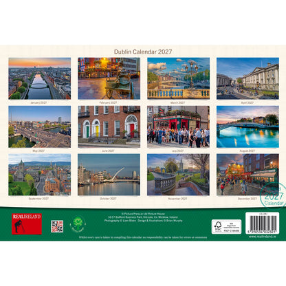 Back of the Dublin Calendar 2027 showing a top photo collage and a grid of monthly dates.