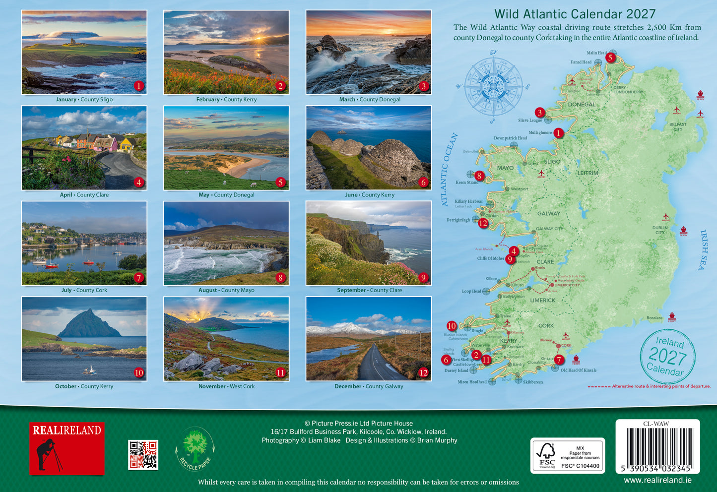Twelve monthly photos collage with a Wild Atlantic Way map on the right