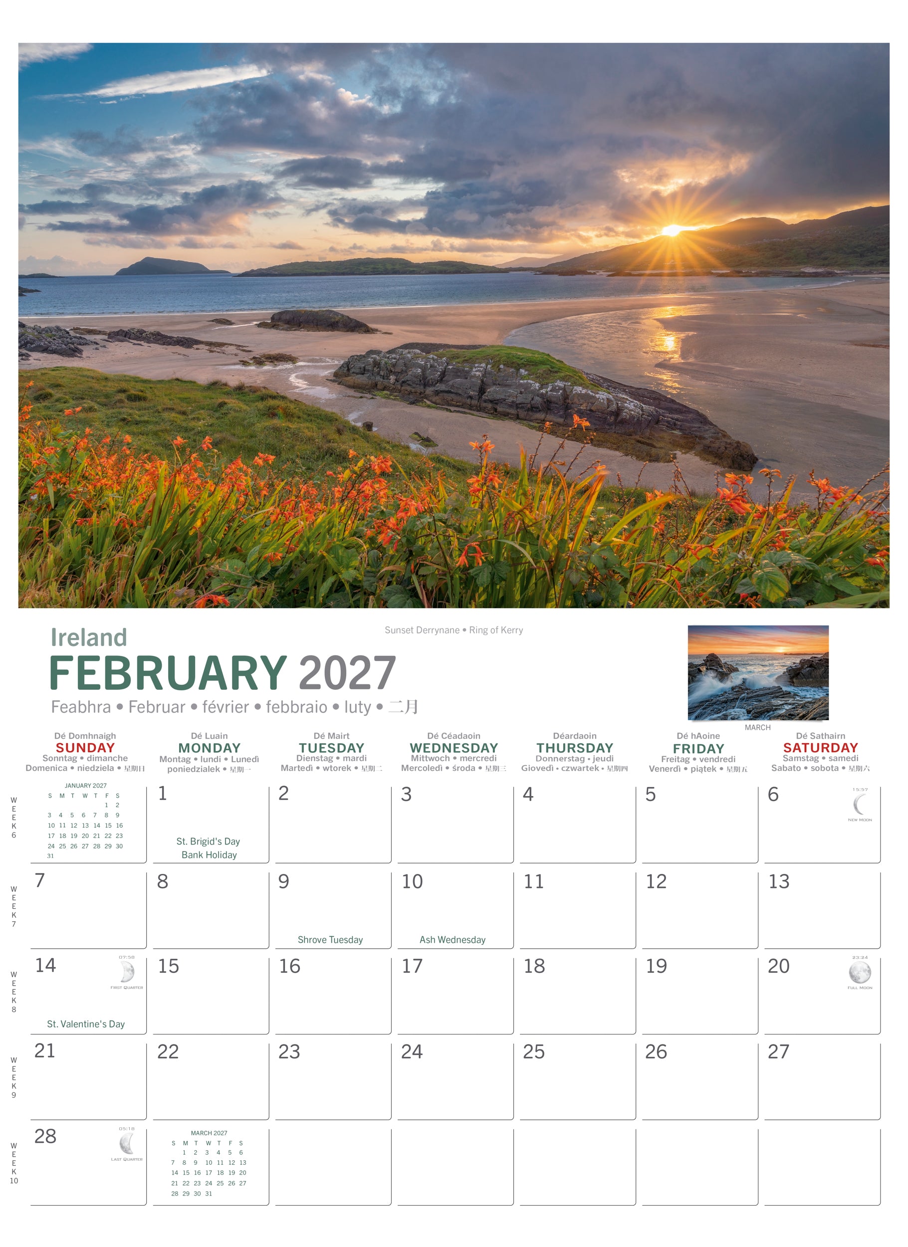 February 2027 page with sunset beach scene and a full monthly calendar grid