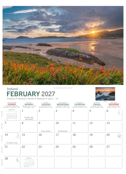 February 2027 page with sunset beach scene and a full monthly calendar grid