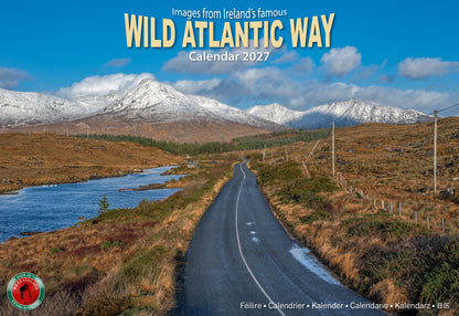 Cover of A4 Wild Atlantic Way Wall Calendar 2027 showing a coastal road through a valley and snowcapped mountains under a blue sky