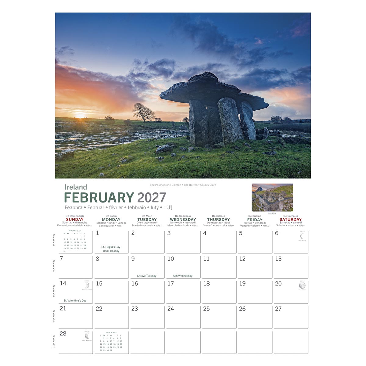 Poulnabrone dolmen in the Burren under a dramatic sunset sky.