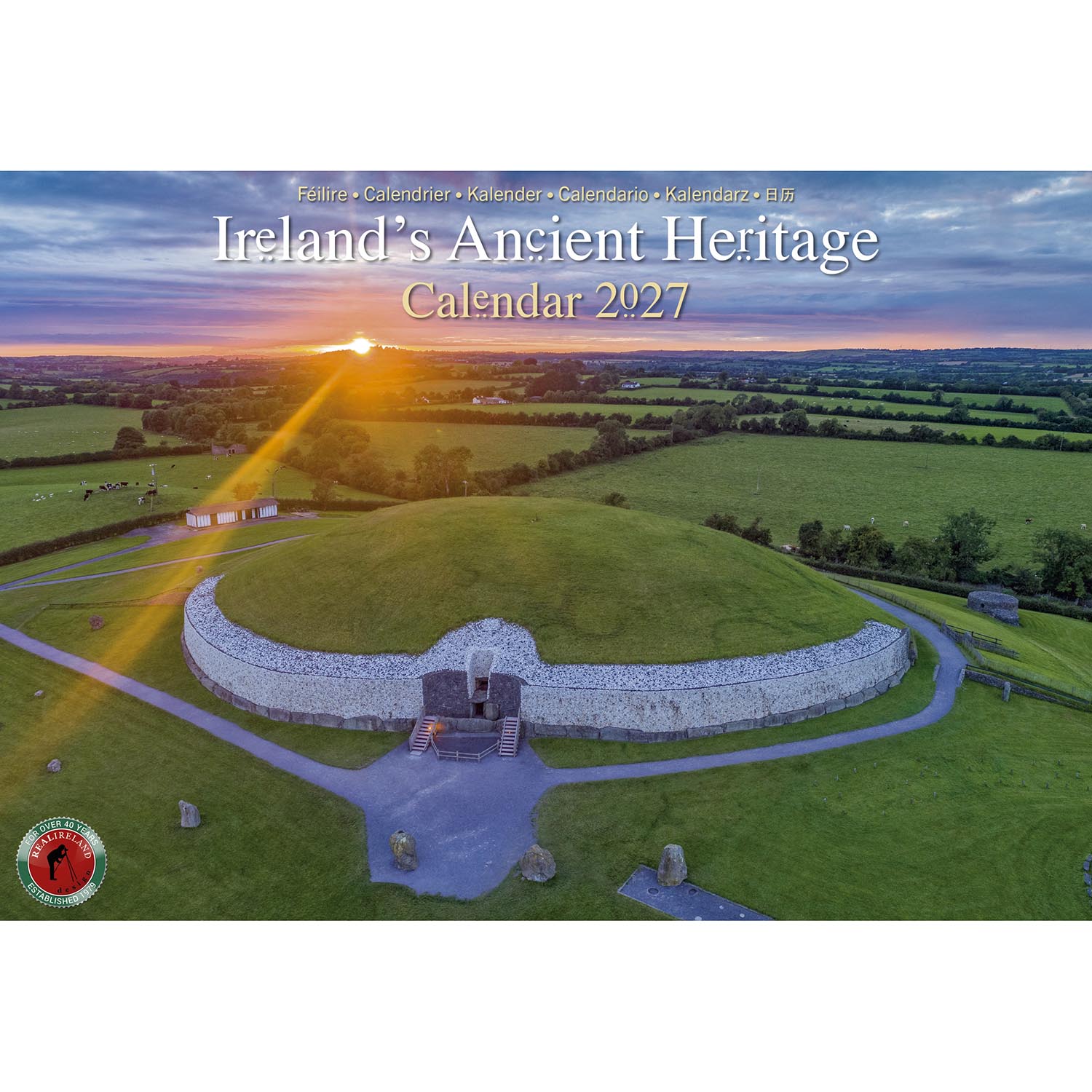 Aerial view of a circular stone hill fort with a central mound and entrance on green farmland at sunrise.