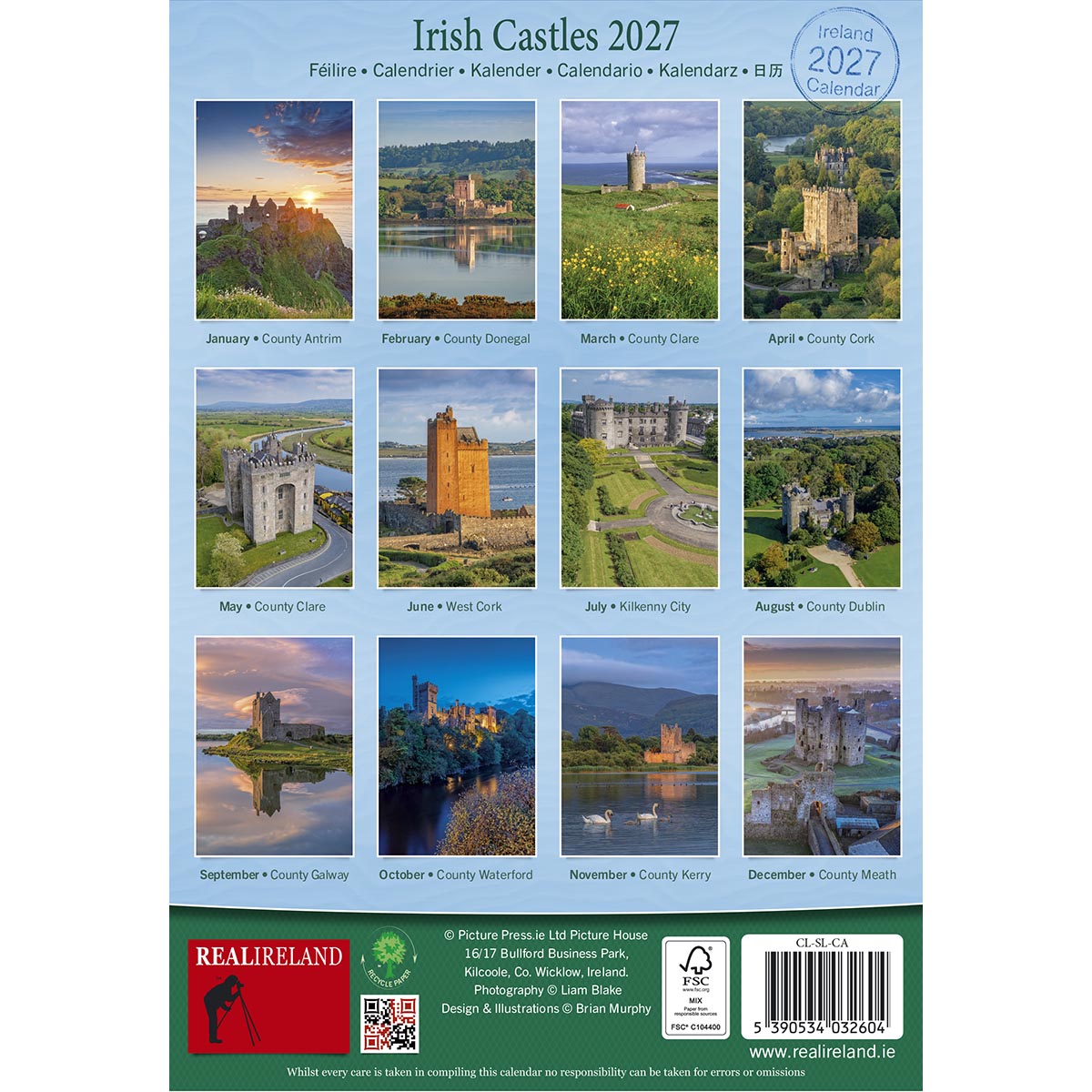 Irish Castles 2027 calendar cover with a blue background and a grid of twelve castle photos