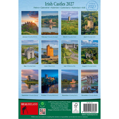 Irish Castles 2027 calendar cover with a blue background and a grid of twelve castle photos