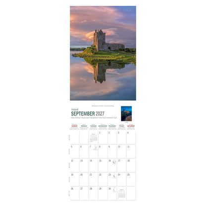 Castle on a small island with sunset sky and reflection in calm water, the featured image for the Irish Castles Slim Calendar 2027
