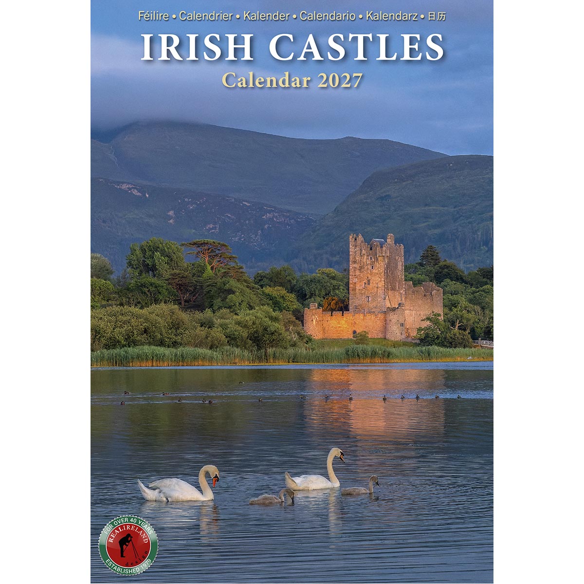 Cover of Irish Castles Calendar 2027 with a lakeside castle and swans on the water