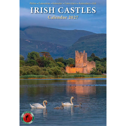 Cover of Irish Castles Calendar 2027 with a lakeside castle and swans on the water