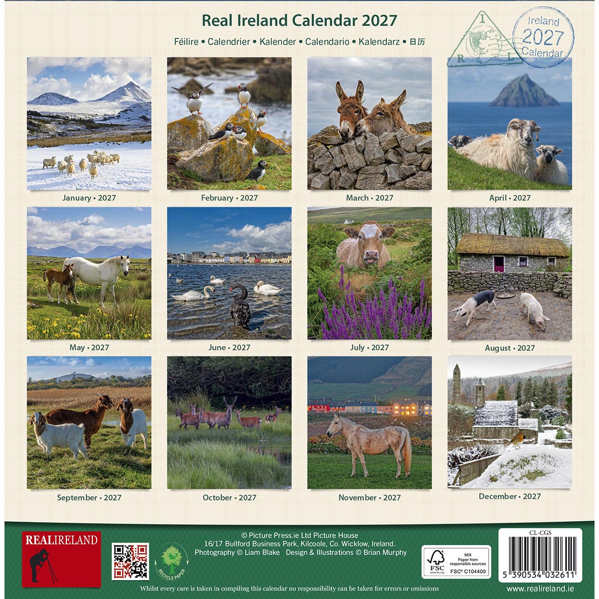 Real Ireland Calendar 2027 front page featuring a grid of monthly photos on a beige background