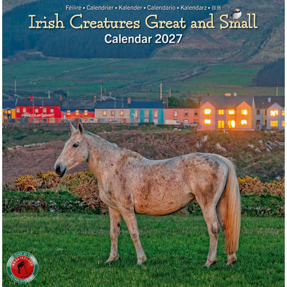 Cover of Irish Creatures Great and Small Calendar 2027 with a grey horse grazing in a green field and a colorful town behind