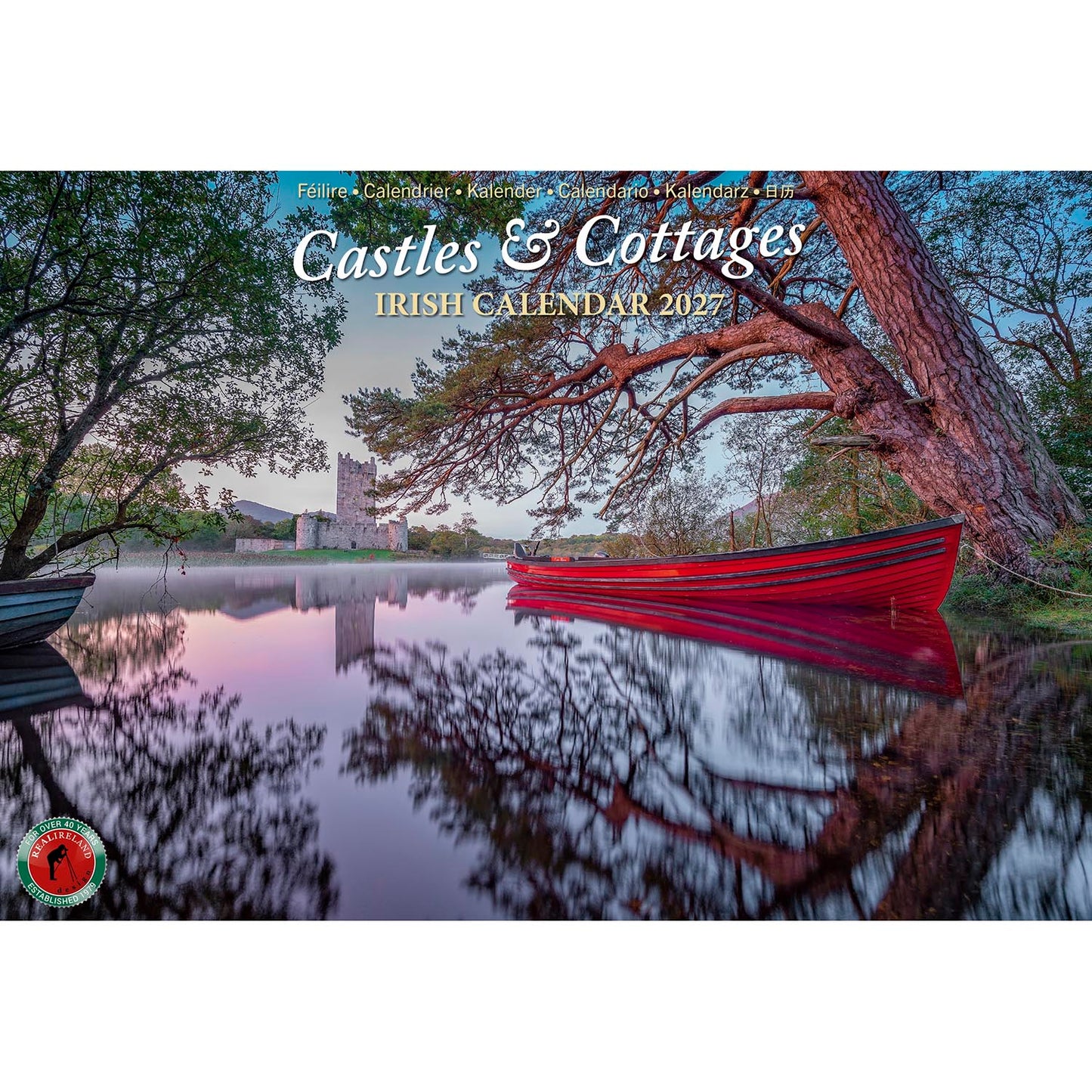 Castles & Cottages Irish Calendar 2027 cover showing a red boat on a calm lake with trees and castle ruins.