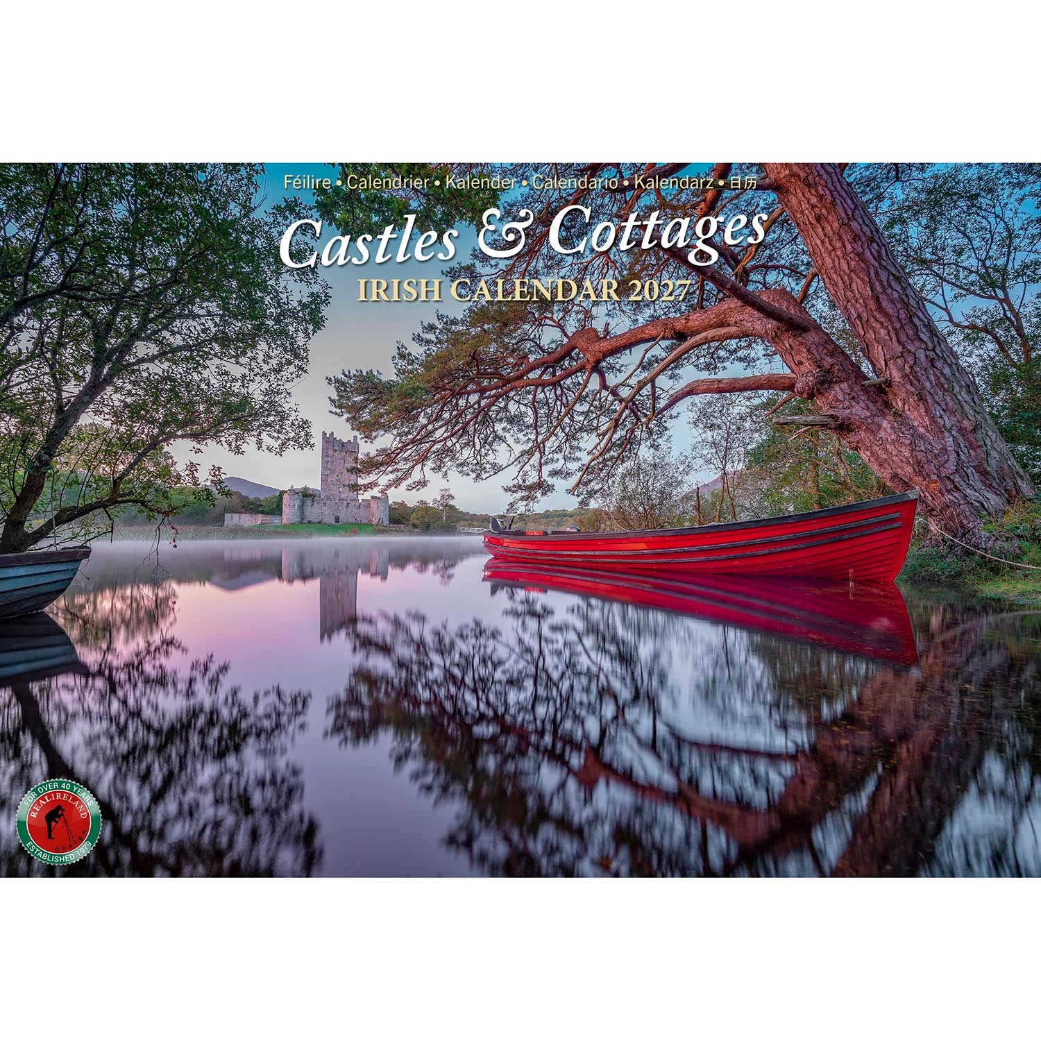 Castles & Cottages Irish Calendar 2027 cover showing a red boat on a calm lake with trees and castle ruins.