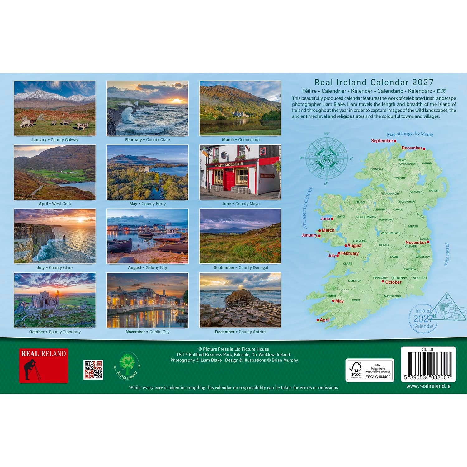 Collage page from Real Ireland Calendar 2027 showing monthly landscape photos on the left and a map of Ireland on the right.