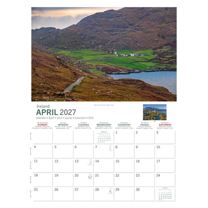 Real Ireland Calendar 2027 page with Beara Peninsula landscape and monthly calendar grid beneath