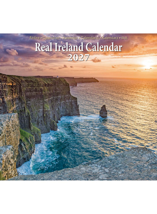 Real Ireland Calendar 2027 cover showing a sunset over coastal cliffs