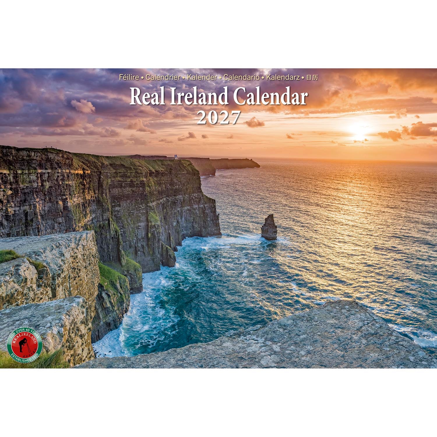 Real Ireland Calendar 2027 cover showing a sunset over coastal cliffs