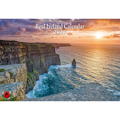 Real Ireland Calendar 2027 cover showing a sunset over coastal cliffs
