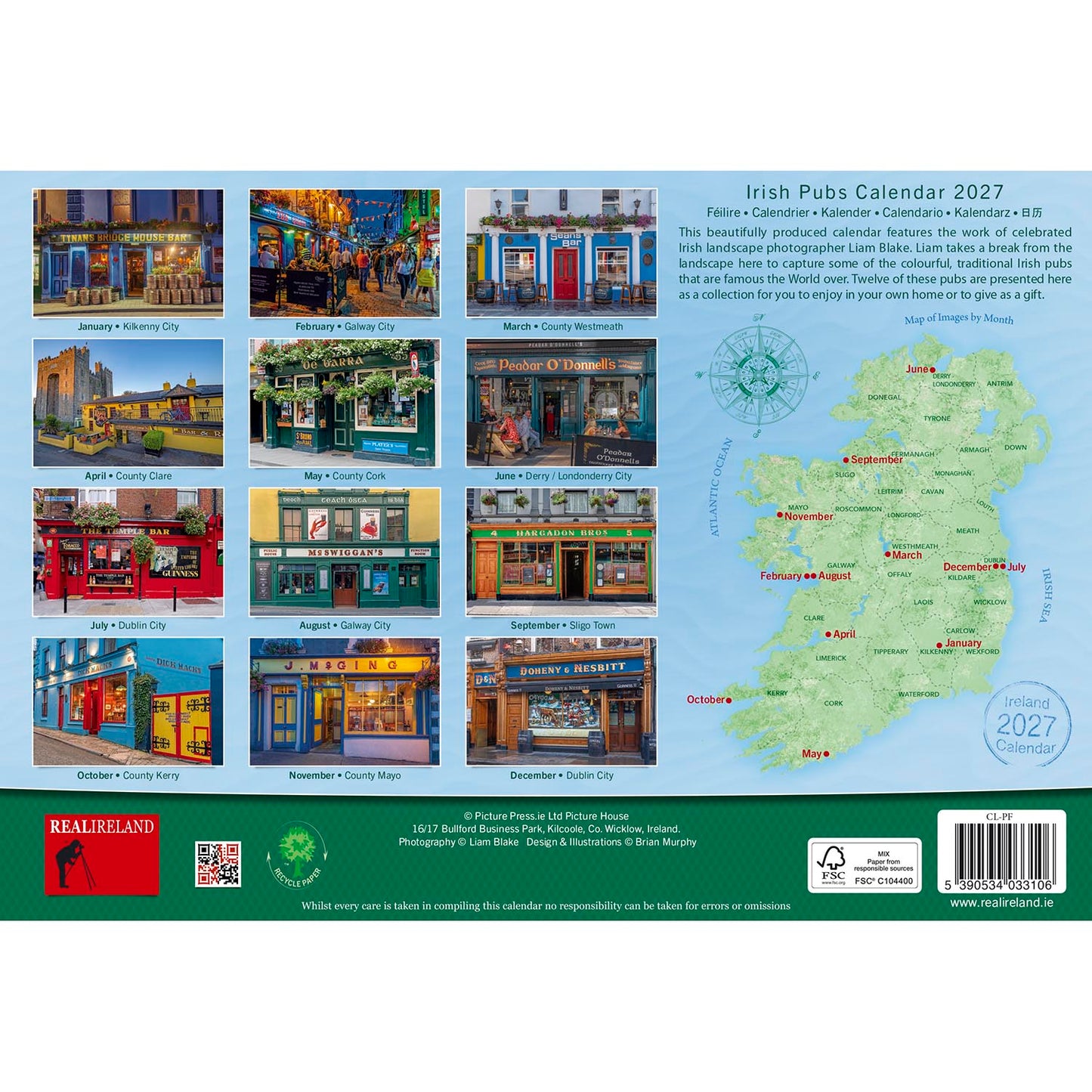 Ireland February 2027 calendar page featuring a colorful street scene above the monthly calendar grid