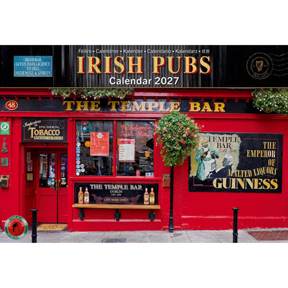 Bright red Temple Bar pub exterior with hanging flower baskets under a calendar banner for Irish Pubs Calendar 2027