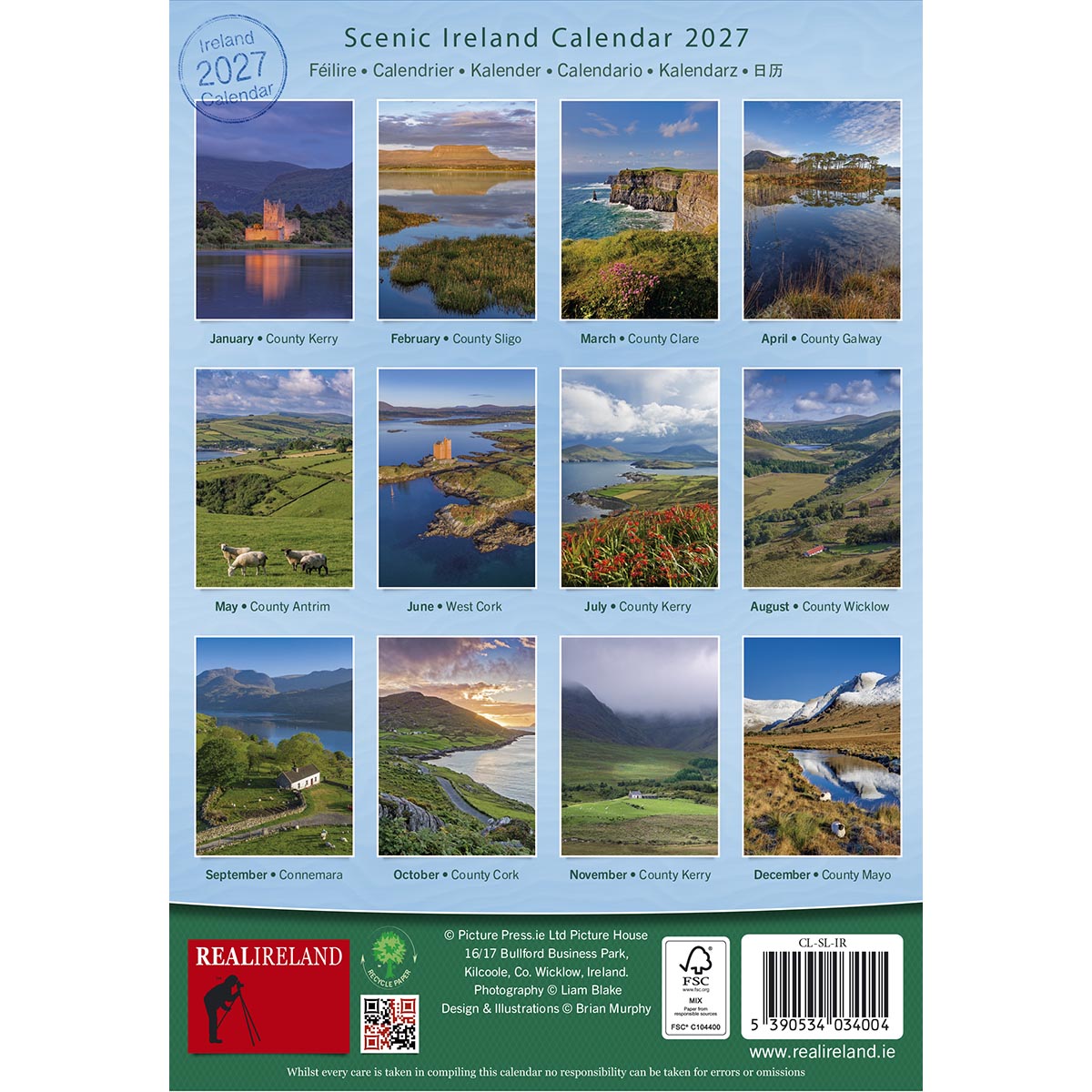 Scenic Ireland Calendar 2027 cover featuring a grid of twelve Ireland landscape photos on a blue background