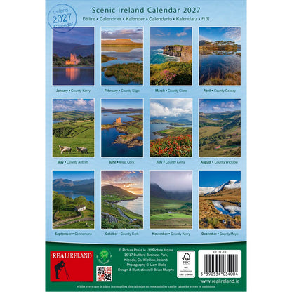 Scenic Ireland Calendar 2027 cover featuring a grid of twelve Ireland landscape photos on a blue background