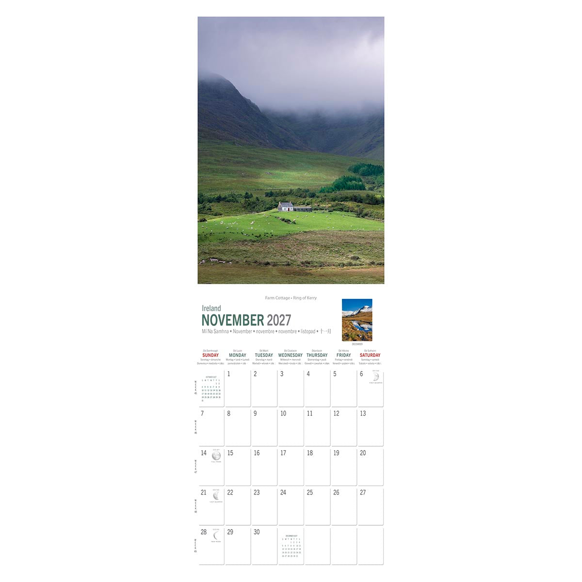 Irish landscape calendar page showing a farm cottage in a lush valley with green fields and misty mountains, November 2027 grid.