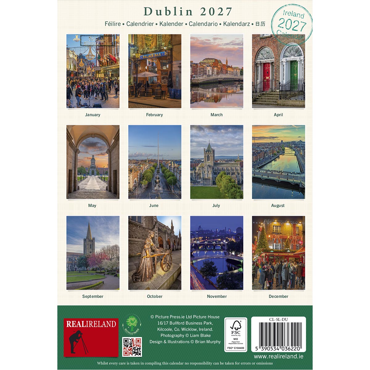 Dublin 2027 calendar page with twelve monthly photos and a Real Ireland stamp at the bottom