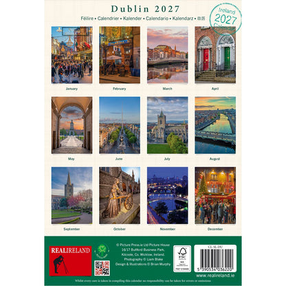 Dublin 2027 calendar page with twelve monthly photos and a Real Ireland stamp at the bottom