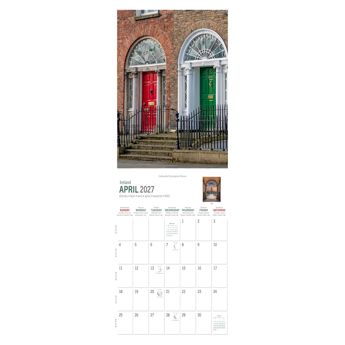 Close up of red and green Georgian doors with a small April 2027 calendar at the bottom