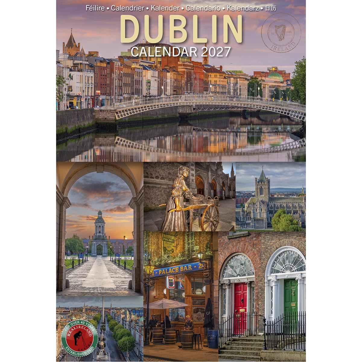 Dublin Calendar 2027 cover featuring a cityscape and a collage of Dublin landmarks