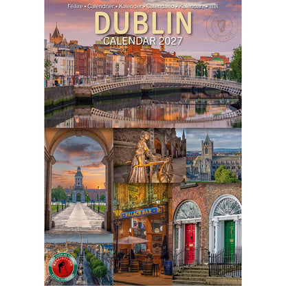 Dublin Calendar 2027 cover featuring a cityscape and a collage of Dublin landmarks