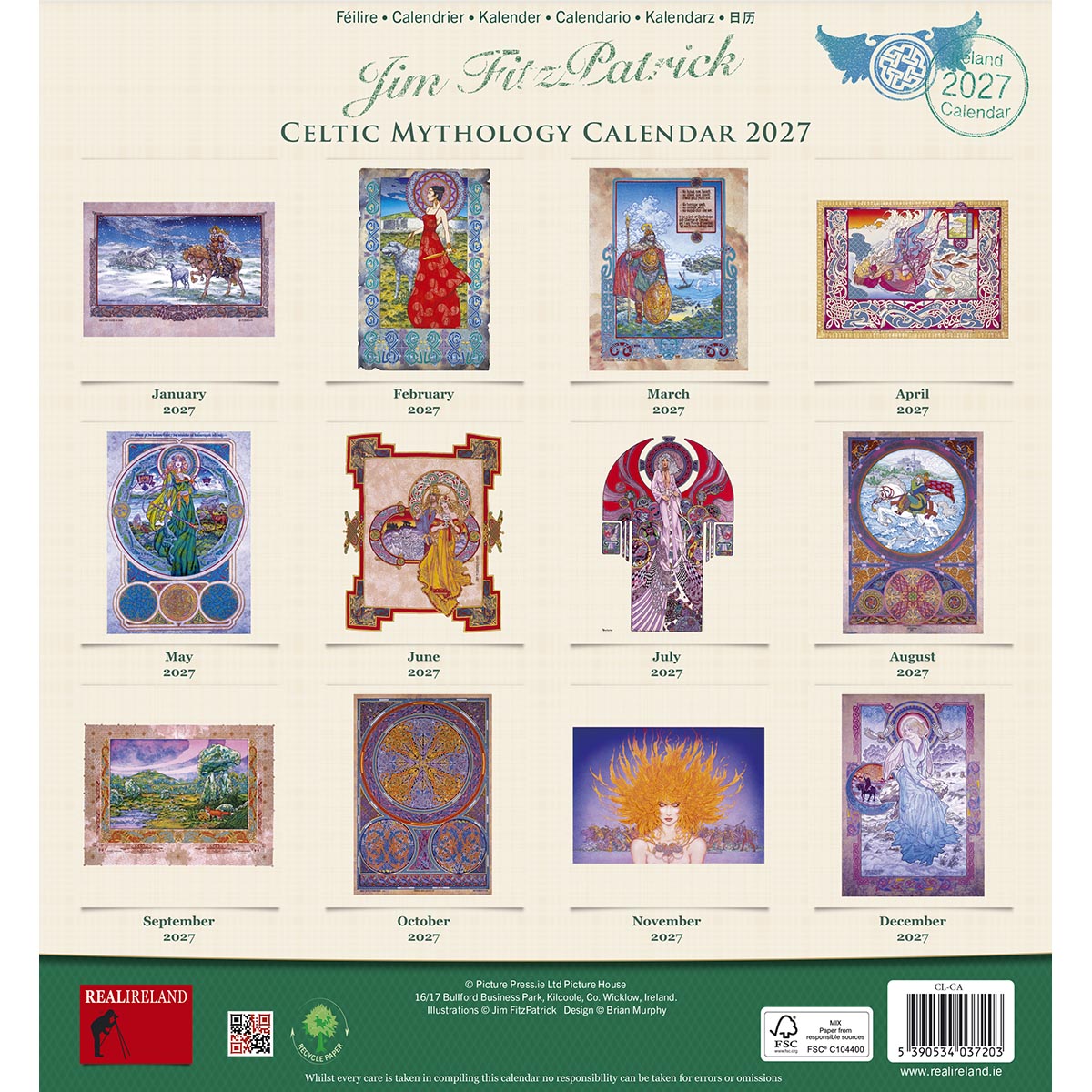 Celtic Mythology Calendar 2027 cover with grid of months and decorative artwork across a cream background.